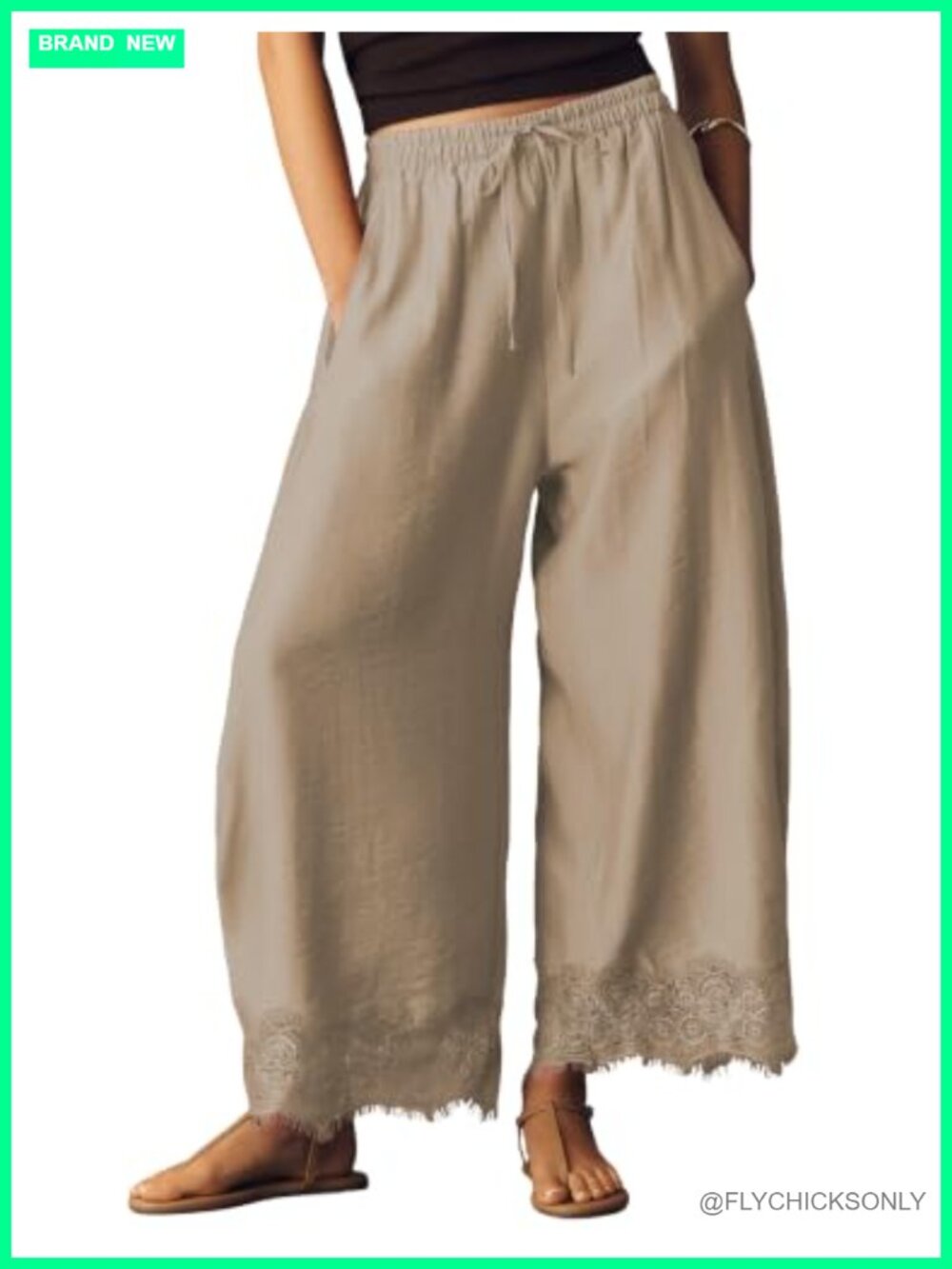 Women's Cropped Wide Leg Palazzo Pants Lace Hem Drawstring